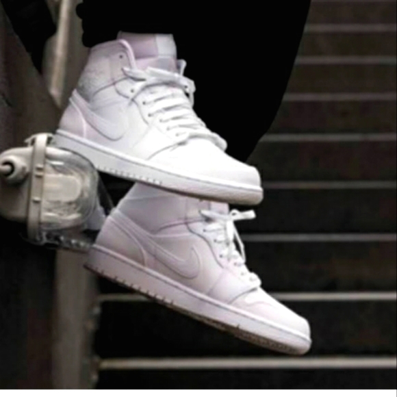 Nike Air Jordan 1 Triple White Mid Top Sneakers Used - Picture 1 of 5